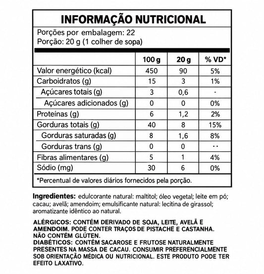 Creme de Avelã Com Cacau - Zero Açúcar 450g